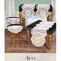 Alya Model No124 Krem 5 Parça Salon Takımı Masa Örtüsü Runner Seti Dantelli Sarı
