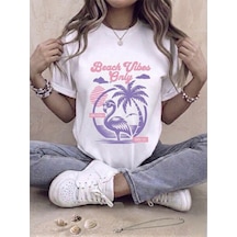 Flamingo Baskılı Oversize Kompak T-shirt Beyaz