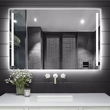 Nuun Dekor 80x60cm Beyaz Led Işıklı Banyo Aynası Kumlamalı - Trafolu Beyaz