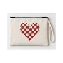 Ekose Kalp Baskılı Fermuarlı Makyaj Çantası Bozuk Para Cüzdanı Clutch
