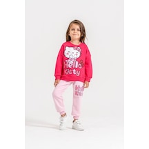 Baskılı Fuşya/pembe Renk Detaylı 3iplik Sweatshirt & Eşofman Baskılı Alt Üst Takım