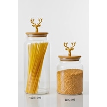 2 Li Altın Metal Geyik Figürlü Bambu Kapaklı Cam Kavanoz Saklama Kabı 1400ml + 890 Ml 12 Izgara