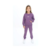 Toontoy Kids Toontoy Kız Çocuk 2'li Takım Nakış Baskılı Bisiklet Yaka Cepli Sweatshirt & Beli Paçası Ribanalı Jogger Eşofman Altı - 2 İplik Mor