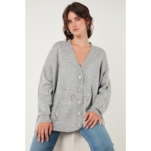 Lela Çiçek Işlemeli Oversize Fit V Yaka Düğmeli Bayan Hırka 4616191 Açık Gri