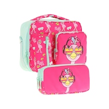 Kaukko Kids Kız Çocuk Kırmızı Yeşil Flamingo Desenli Üç Bölmeli Thermo Beslenme Çantası Ve Kalemlik Seti L7235+l8235 Kırmızı - Yeşil