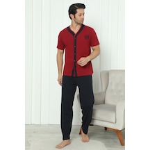 Wordex Falkom 8180 Pamuklu Penye Erkek Düğmeli Kısa Kollu Pijama Takımı Bordo