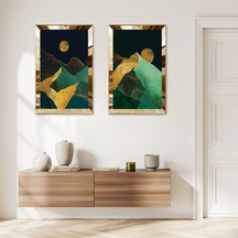 Gold Aynalı Pleksi Çerçeveli Soyut Gece Dağ Manzaralı Dekoratif İkili Mdf Tablo Seti