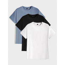 3'lü Basic Süprem T-shirt - Bebe Mavisi Siyah Beyaz Oversize Bisiklet Yaka Tişört Beyaz 3'lü Basic Süprem T-shirt - Bebe Mavisi Siyah Beyaz Oversize Bisiklet Yaka Tişört Beyaz