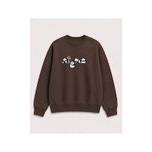 Herkesemoda Yavru Pandalar Baskılı 2 İplik Şardonlu Bisiklet Yaka Sweatshirt Kahverengi