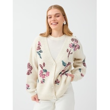 Jimmy Key Kırık Beyaz Floral Payet İşleme Detaylı V Yaka Triko Hırka 6ww108197106