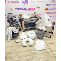 Yeni Doğan Premium Bebek Çeyiz Seti Çift Yönlü Bebek Arabası Park Beşik Tekstil Seti... Gri Gri