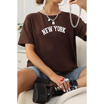 Unisex New York Baskılı Oversize Tshirt Kahverengi