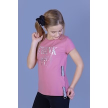 Toontoy Kids Toontoy Kız Çocuk Baskılı Taş İşlemeli Yanı Şerit Detaylı Tişört Gülkurusu