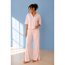 Bella Notte Viskon Pembe Kısa Kollu Yırtmaç Ve Düğme Detaylı Yazlık Kadın Pijama Takımı