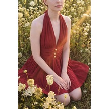 Fashion Cocktail Marilyn Monroe Boyundan Bağlamalı Halter Yaka Sırt Dekolteli Sırt Açık Beli Lastikli Çan Etek Dalgalı Kloş Etek Yazlık Tatil Elbise Kırmızı
