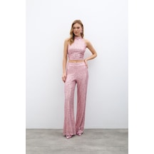 Sateen Payetli Salaş Pantolon - Pudra-135396 Pudra