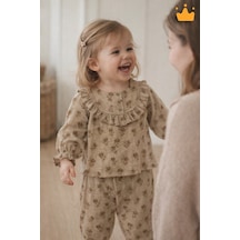 Babyhola Kız Bebek Bayramlık Takım Fırfır Yakalı Çiçek Desenli Müslin İkili Set 2010 Kahverengi