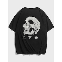 Flood Of Style Erkek Siyah Skull Baskılı Oversize Bisiklet Yaka Tshirt