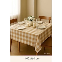 Fiber Kareli Masa Örtüsü Sofra Bezi Ekose Desen 160x160 Cm Bej Çok Renkli