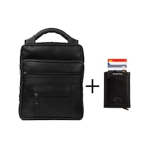 Newish Polo Deri Büyük Boy Erkek El Çantası & Mekanizmalı Kartlık Cüzdan - Erkek Siyah