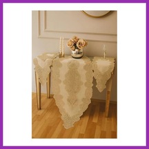 Bezos Angelika Model 236 Simli Gold 5 Parça Keten Dantelli Masa Örtüsü Runner Seti - 150x 60 Cm Bty 150x Cm