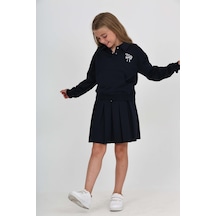 Toontoy Kids Toontoy Kız Çocuk 2'li Takım Baskılı Polo Yaka Çıtçıtlı Düşük Omuz Cepli Sweatshirt & Bağcıklı Pileli Etek Lacivert