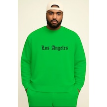 Benroma 3 İplik Penye Los Angeles Baskılı Büyük Beden Unisex Sweatshırt Yeşil