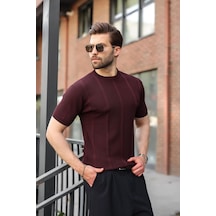 Madmext Mürdüm Regular Fit Bisiklet Yaka Fitilli Triko Erkek Tişört E7490