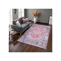 Kırmızı Mavi Oryantal Kilim Vintage Desenli, Kaymaz Taban, Yıkanabilir, Antialerjik Mavi Mavi