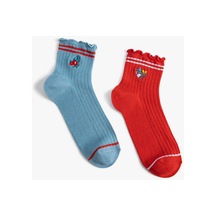 Koton 2'li Çorap Seti Çiçek İşlemeli Fırfır Detaylı Mavi 3sak80388aa 3SAK80388AA624