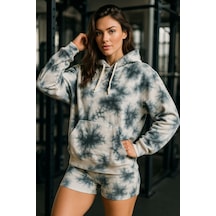 Kadın Batik Desen Renkli Oversize Relaxed Uzun Kollu Kapüşonlu Sweatshirt Çok Renkli
