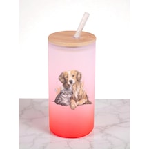 Kedi Köpek Aşkı Baskılı 600 Ml Cam Matara- Su Matarası, Suluk Matara, Cam Pipetli Matara Kırmızı