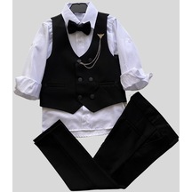 Zincir Detay Çift Düğmeli Erkek Çocuk Takım Elbise Siyah