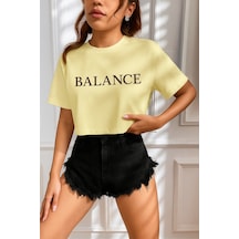 Kadın Tişört Crop Tişört Baskılı Fit Tişört Balance-tişört Bej