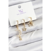 Pirinç Zirkon Taşlı Ay Ve Hilal Model Gold Renk 3& 39lü Kadın Küpe Çok Renkli