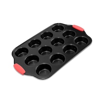 Mallart 12 Bölmeli Muffin Ve Cupcake Kalıbı - Yapışmaz Karbon Çelik Fırın Kabı, Isıya Dayanıklı Kırmızı Silikon Saplı, Bpa İçermeyen Sağlıklı Pişirme Gri