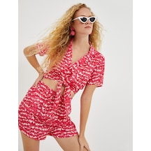 Koton Desenli Crop Bluz Bağlama Detaylı Gömlek Yaka Pembe Desenli 2sak60265pw
