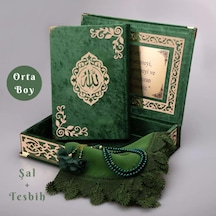 Şal + Tesbih + Kuran Hediye Seti Orta Boy, Şemslafzatullah, Gold Pleksi, Raşel Kutu, Yeşil