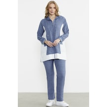 Keten Görünümlü Kapüşonlu Tunik Takım - Indigo Indigo