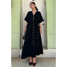 Madmext Siyah V Yaka Düğmeli Elbise Mg2339 Siyah