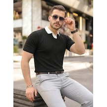 Efnaz Style Erkek Yaka Detaylı Desen Dokulu Triko Tişört Siyah