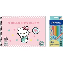 Hello Kitty 17x25 Spiralli Resim Defteri - Pelikan Pastel Renkler 12li Kuru Boya 2'li Set 3 Çok Renkli