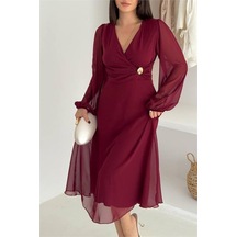 Neşeli Butik Kadın Bel Toka Detaylı Astarlı Şifon Elbise Nbk4329 Bordo