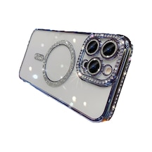 iPhone Uyumlu  15 Pro Max Kılıf Simli Magsafe Kamera Kenar Taşlı Kapak