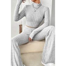 Angbutik Kadın Gri Çizgili Boğazlı Crop Top Ve Yüksek Bel Pantolon Takım