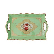 Su Yeşili Renkli Elcikli Çatlatma Ahşap Tepsi, 42.5 X 28 Cm Çok Renkli