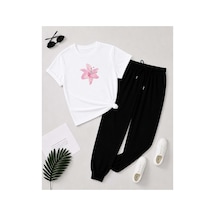 Herkesemoda Pembe Çiçek Baskı Detaylı T-shirt Eşofman Takımı Beyaz