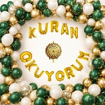 Kuran Okuyorum Temalı Kuran Okuma Töreni Folyo Harf Balon Yeşil Gold Beyaz Ve Kumbeji Balonlar Beyaz - Yeşil