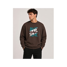 Herkesemoda Awesome Baskılı Bisiklet Yaka Şardonlu 2 İplik Sweatshirt Kahverengi