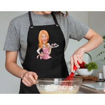 Bk Gift Kişiye Özel Kadın Chef Karikatürlü Profesyonel Siyah Mutfak Önlüğü, Aşçı Önlüğü, Şef Önlüğü, Arkadaşa -10 Siyah